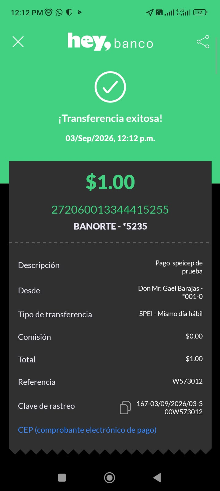 Comprobante de transferencia SPEI de ejemplo